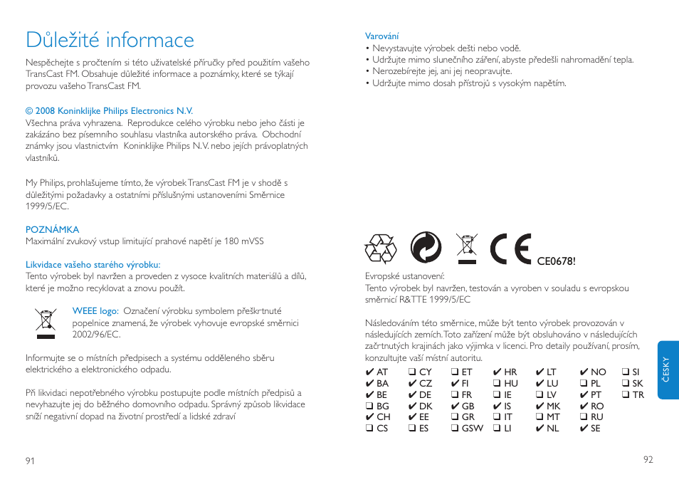 Důležité informace | Philips TransCast FM User Manual | Page 47 / 63