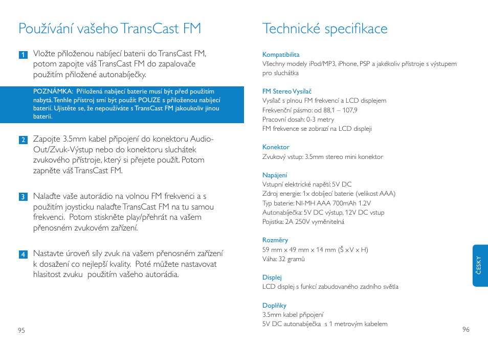 Používání vašehotranscast fm, Technické speciﬁkace | Philips TransCast FM User Manual | Page 49 / 63