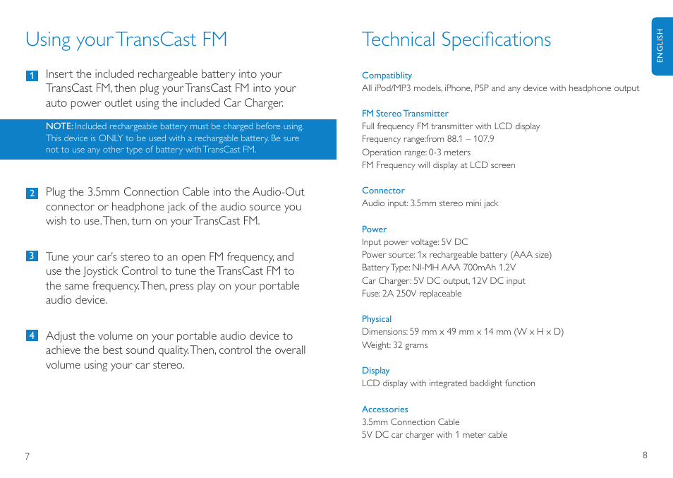 Using yourtranscast fm, Technical speciﬁcations | Philips TransCast FM User Manual | Page 5 / 63