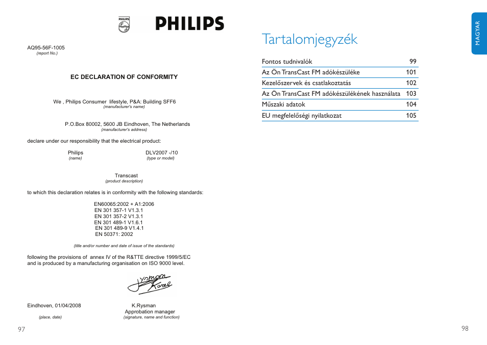 Tartalomjegyzék | Philips TransCast FM User Manual | Page 50 / 63