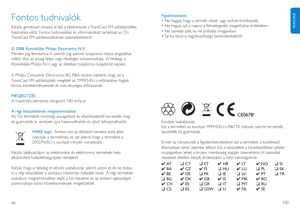 Fontos tudnivalók | Philips TransCast FM User Manual | Page 51 / 63