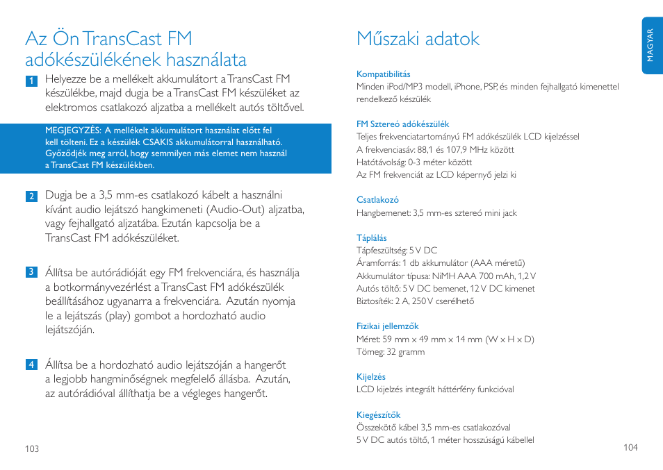 Az öntranscast fm adókészülékének használata, Műszaki adatok | Philips TransCast FM User Manual | Page 53 / 63