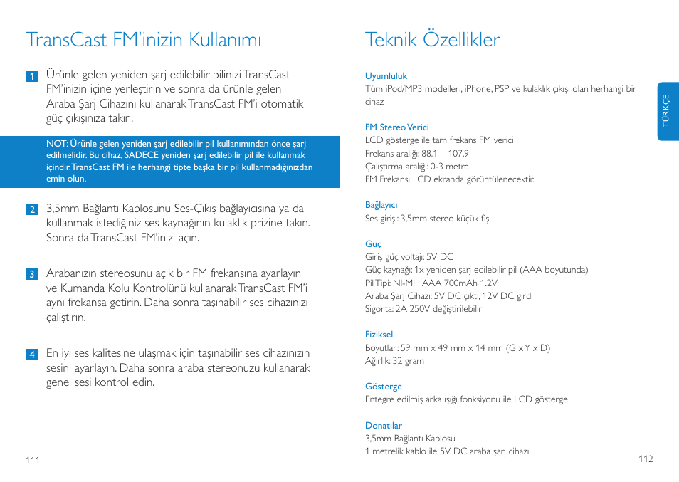 Transcast fm’inizin kullanımı, Teknik özellikler | Philips TransCast FM User Manual | Page 57 / 63