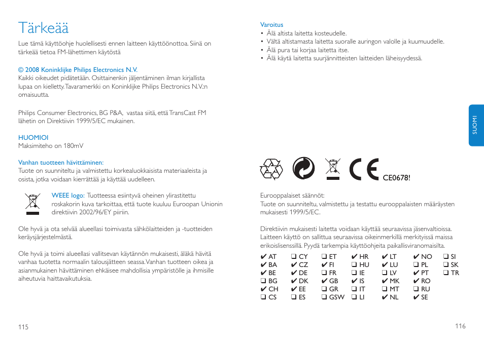 Tärkeää | Philips TransCast FM User Manual | Page 59 / 63