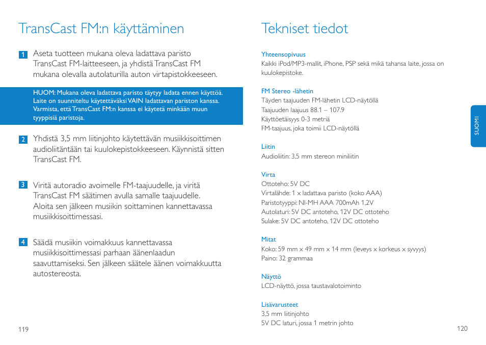 Transcast fm:n käyttäminen, Tekniset tiedot | Philips TransCast FM User Manual | Page 61 / 63