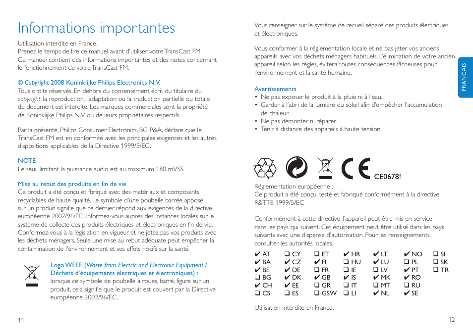 Informations importantes | Philips TransCast FM User Manual | Page 7 / 63