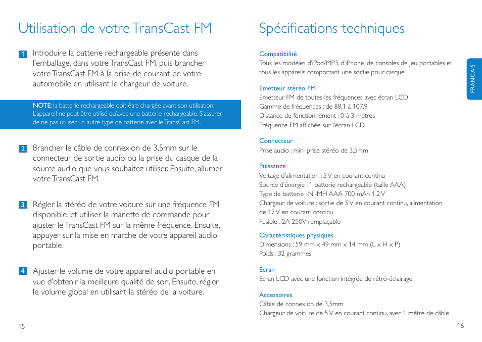 Utilisation de votretranscast fm, Spéciﬁcations techniques | Philips TransCast FM User Manual | Page 9 / 63