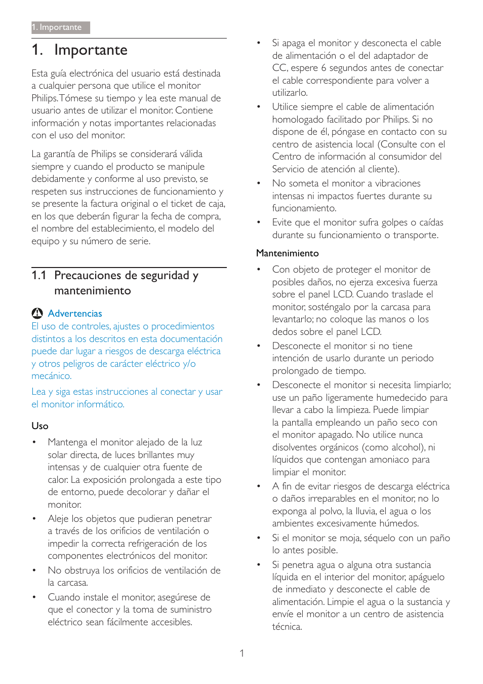 Importante, 1 3uhfdxflrqhv gh vhjxulgdg \ mantenimiento | Philips Brilliance Monitor 4K Ultra HD con retroiluminación LED User Manual | Page 3 / 54