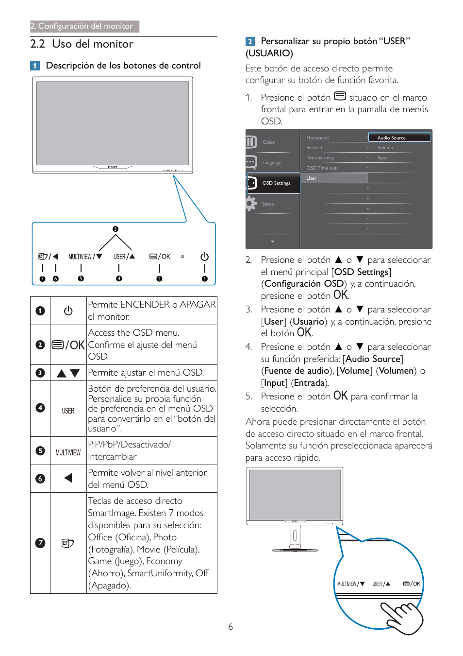 2 8vr gho prqlwru, Hvfulsflyq gh orv erwrqhv gh frqwuro | Philips Brilliance Monitor 4K Ultra HD con retroiluminación LED User Manual | Page 8 / 54