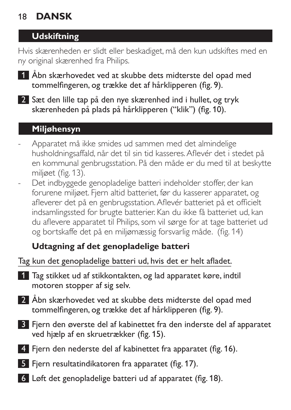 Udtagning af det genopladelige batteri, Udskiftning, Miljøhensyn | Philips HAIRCLIPPER Series 1000 Cortapelos User Manual | Page 18 / 100