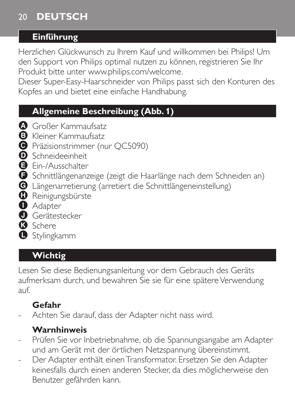 Gefahr, Warnhinweis, Deutsch | Einführung, Allgemeine beschreibung (abb. 1), Wichtig | Philips HAIRCLIPPER Series 1000 Cortapelos User Manual | Page 20 / 100