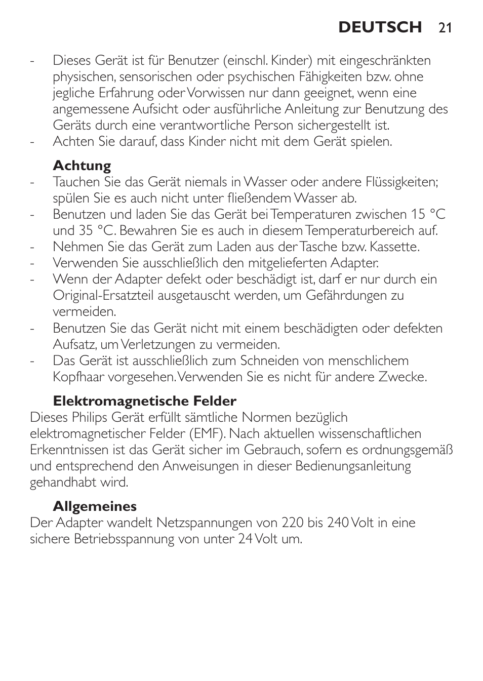 Achtung, Elektromagnetische felder, Allgemeines | Philips HAIRCLIPPER Series 1000 Cortapelos User Manual | Page 21 / 100