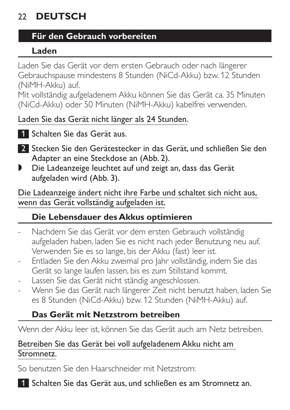 Für den gebrauch vorbereiten, Laden, Die lebensdauer des akkus optimieren | Das gerät mit netzstrom betreiben | Philips HAIRCLIPPER Series 1000 Cortapelos User Manual | Page 22 / 100