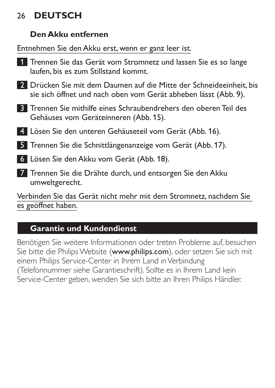 Den akku entfernen, Garantie und kundendienst | Philips HAIRCLIPPER Series 1000 Cortapelos User Manual | Page 26 / 100