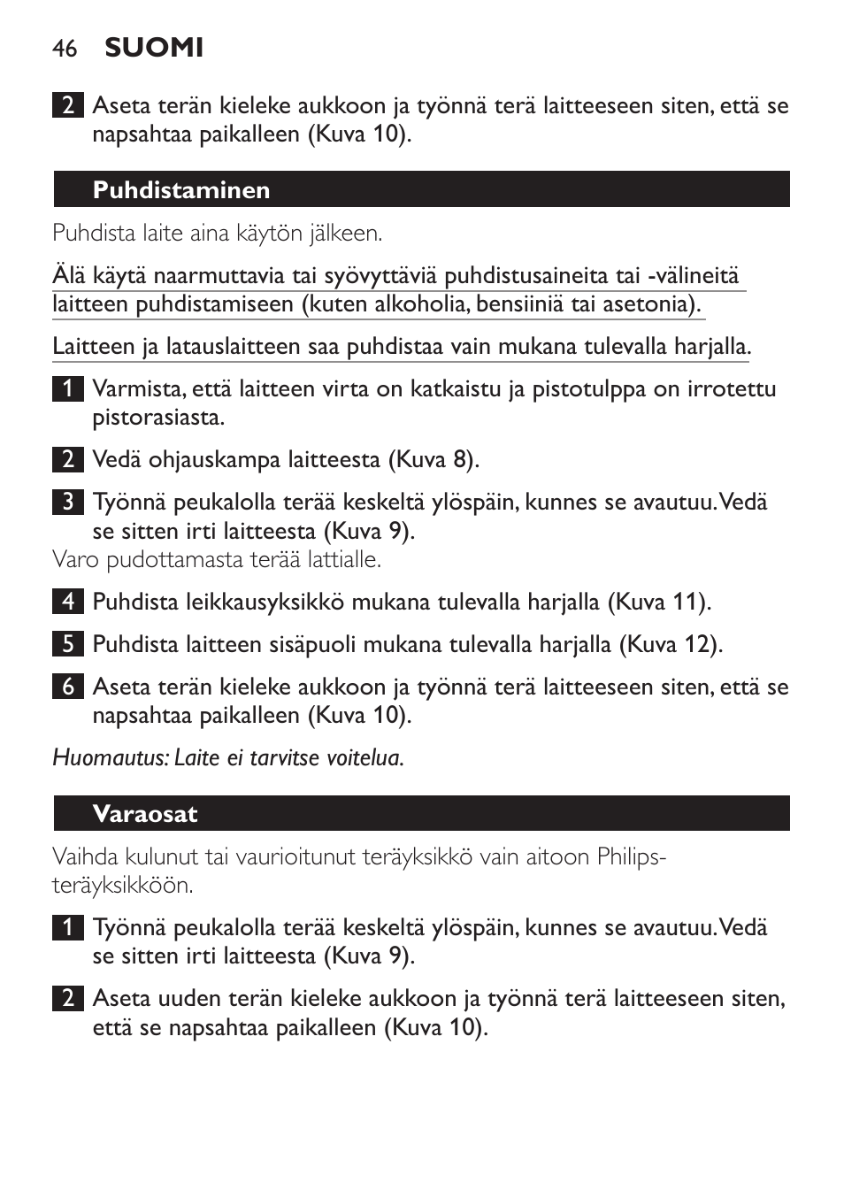 Puhdistaminen, Varaosat | Philips HAIRCLIPPER Series 1000 Cortapelos User Manual | Page 46 / 100