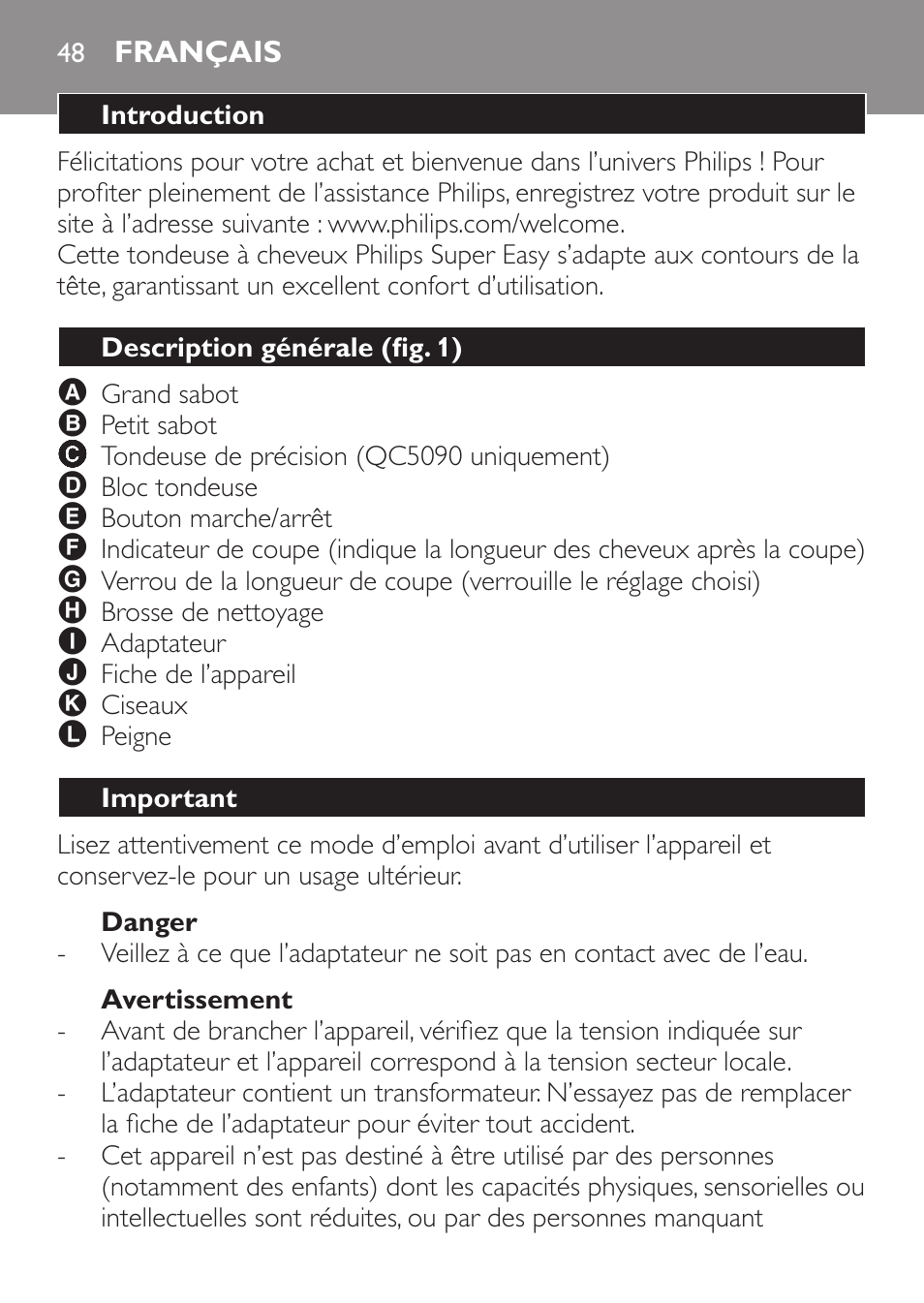 Danger, Avertissement, Français | Introduction, Description générale (fig. 1), Important | Philips HAIRCLIPPER Series 1000 Cortapelos User Manual | Page 48 / 100