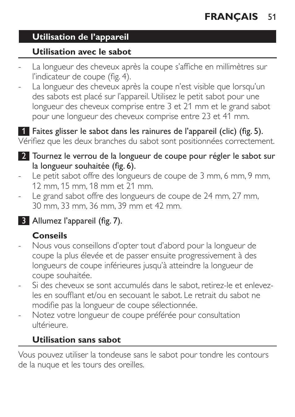 Utilisation de l’appareil, Utilisation avec le sabot, Conseils | Utilisation sans sabot | Philips HAIRCLIPPER Series 1000 Cortapelos User Manual | Page 51 / 100