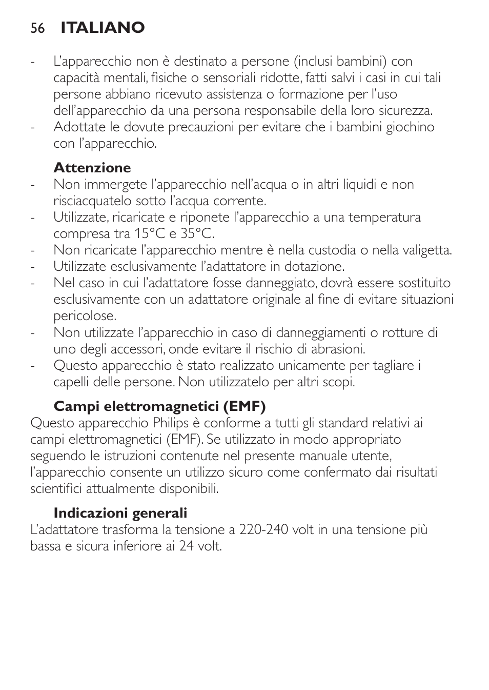 Attenzione, Campi elettromagnetici (emf), Indicazioni generali | Philips HAIRCLIPPER Series 1000 Cortapelos User Manual | Page 56 / 100