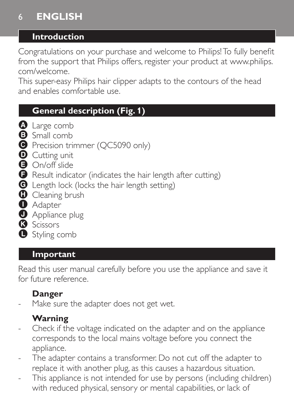 English, Introduction, General description (fig. 1) | Important, Danger, Warning | Philips HAIRCLIPPER Series 1000 Cortapelos User Manual | Page 6 / 100