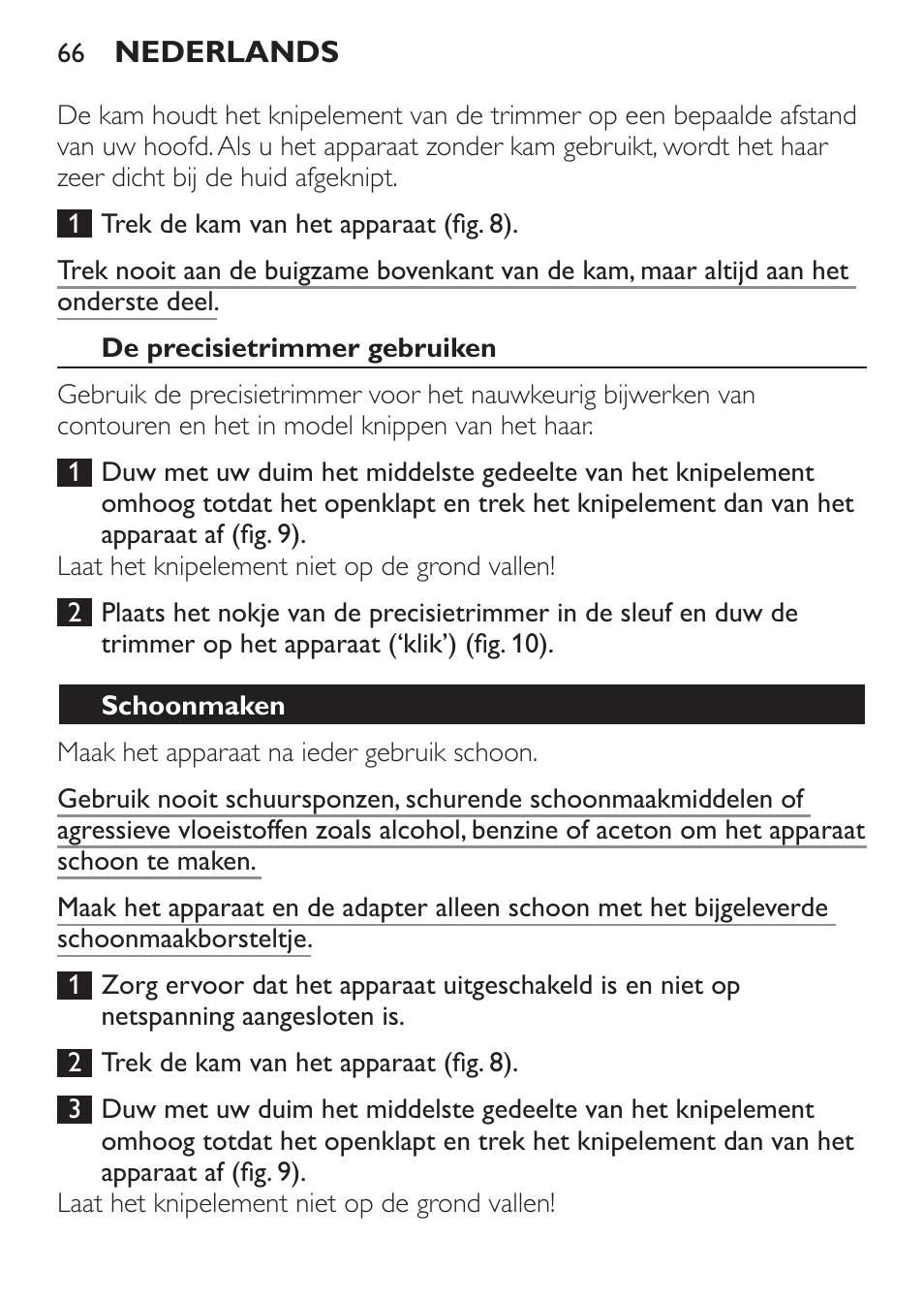 De precisietrimmer gebruiken, Schoonmaken | Philips HAIRCLIPPER Series 1000 Cortapelos User Manual | Page 66 / 100