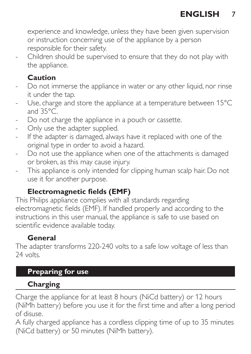 Caution, Electromagnetic fields (emf), General | Preparing for use, Charging | Philips HAIRCLIPPER Series 1000 Cortapelos User Manual | Page 7 / 100