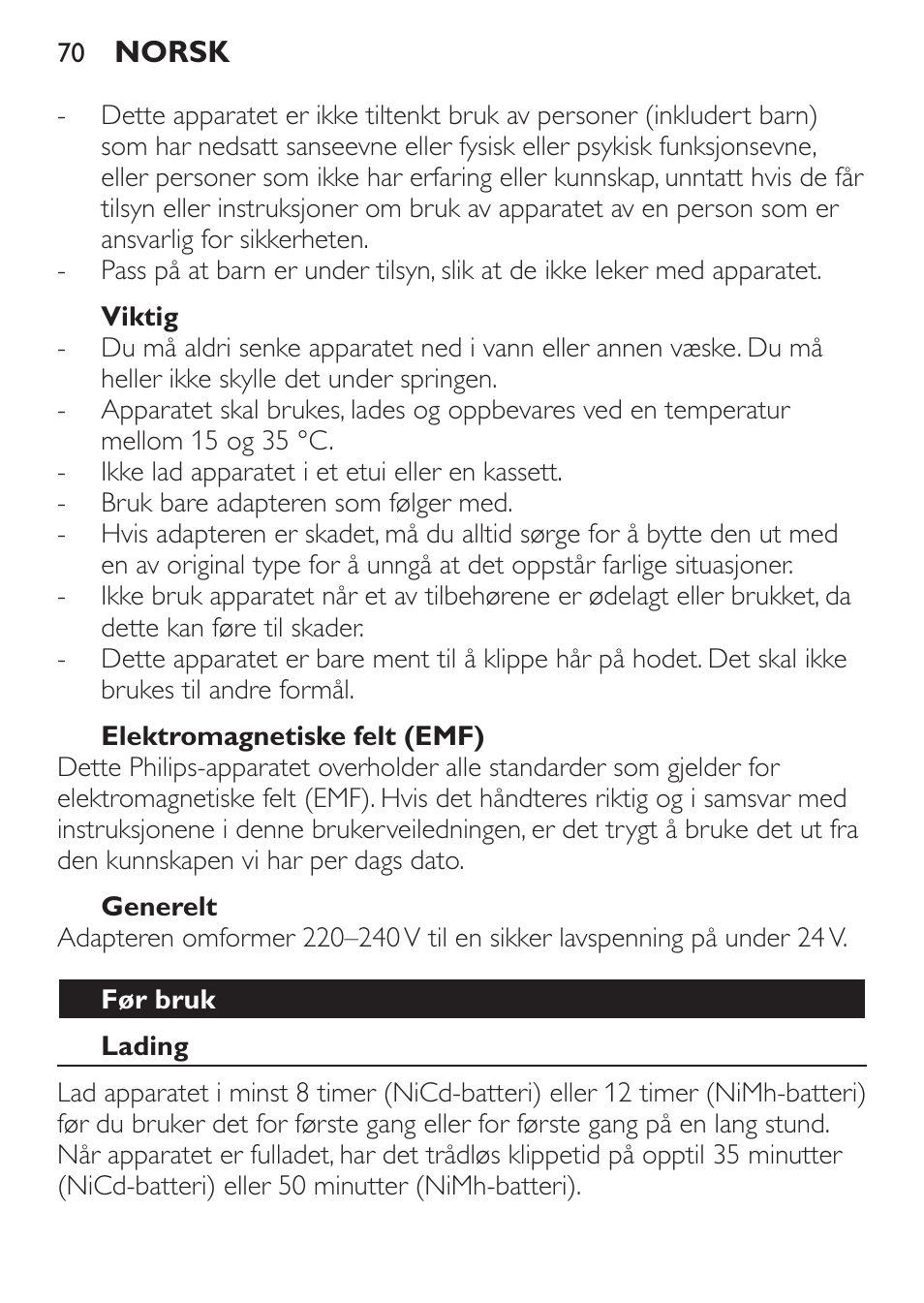 Viktig, Elektromagnetiske felt (emf), Generelt | Før bruk, Lading | Philips HAIRCLIPPER Series 1000 Cortapelos User Manual | Page 70 / 100