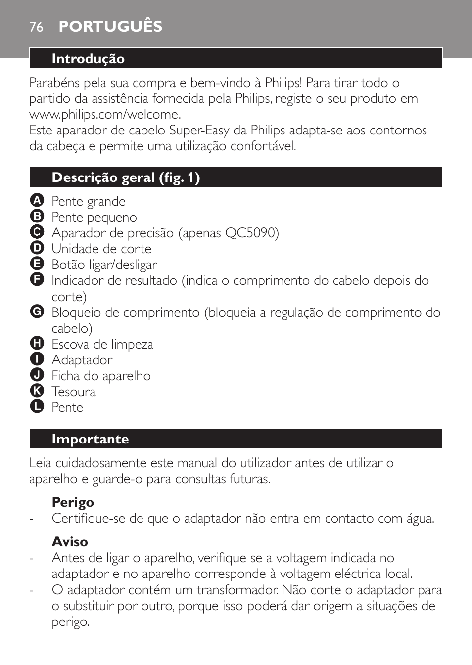 Perigo, Aviso, Português | Introdução, Descrição geral (fig. 1), Importante | Philips HAIRCLIPPER Series 1000 Cortapelos User Manual | Page 76 / 100