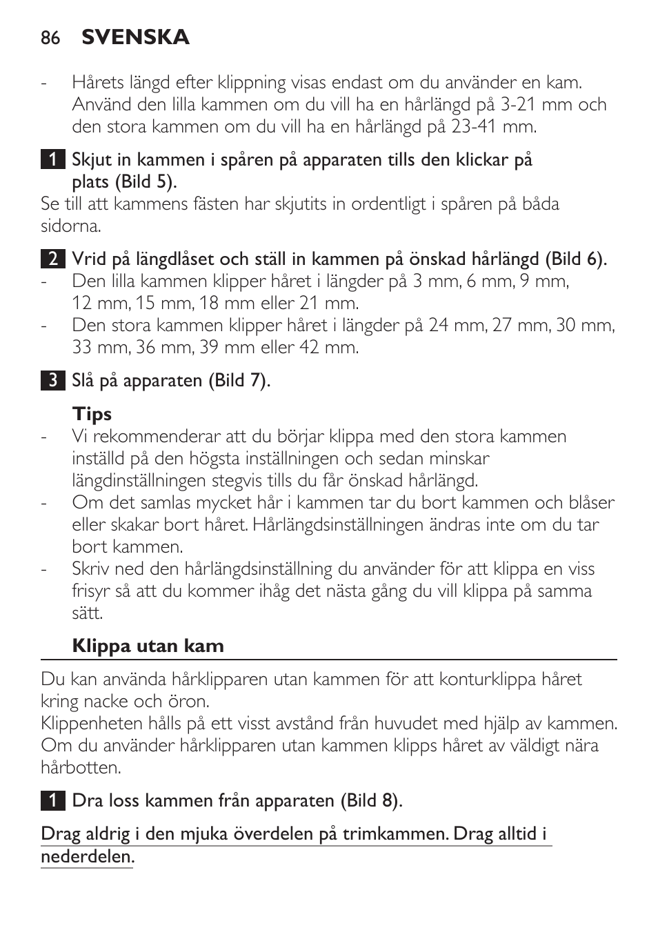 Tips, Klippa utan kam | Philips HAIRCLIPPER Series 1000 Cortapelos User Manual | Page 86 / 100