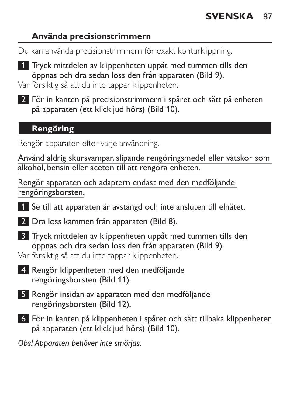 Använda precisionstrimmern, Rengöring | Philips HAIRCLIPPER Series 1000 Cortapelos User Manual | Page 87 / 100