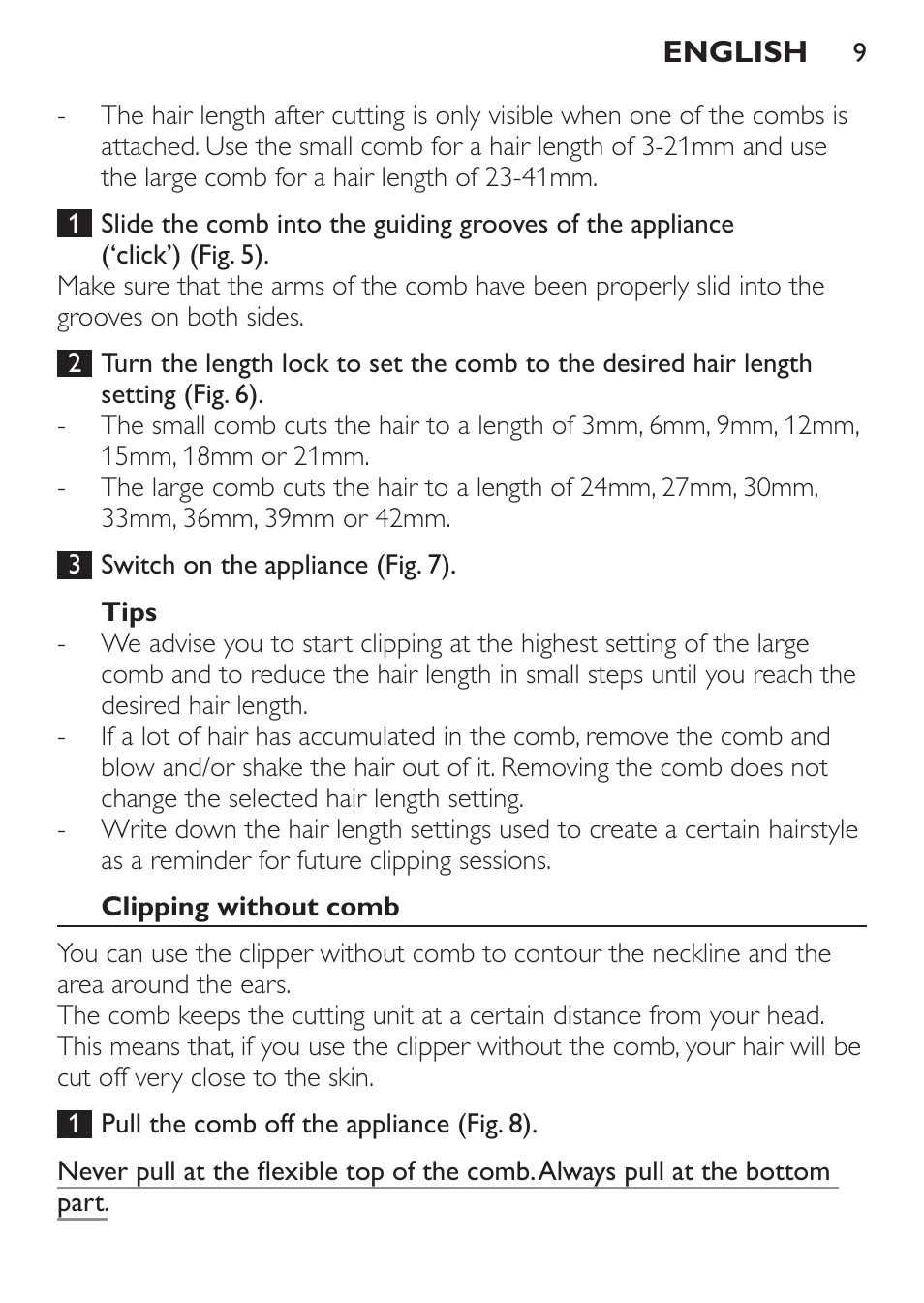 Tips, Clipping without comb | Philips HAIRCLIPPER Series 1000 Cortapelos User Manual | Page 9 / 100