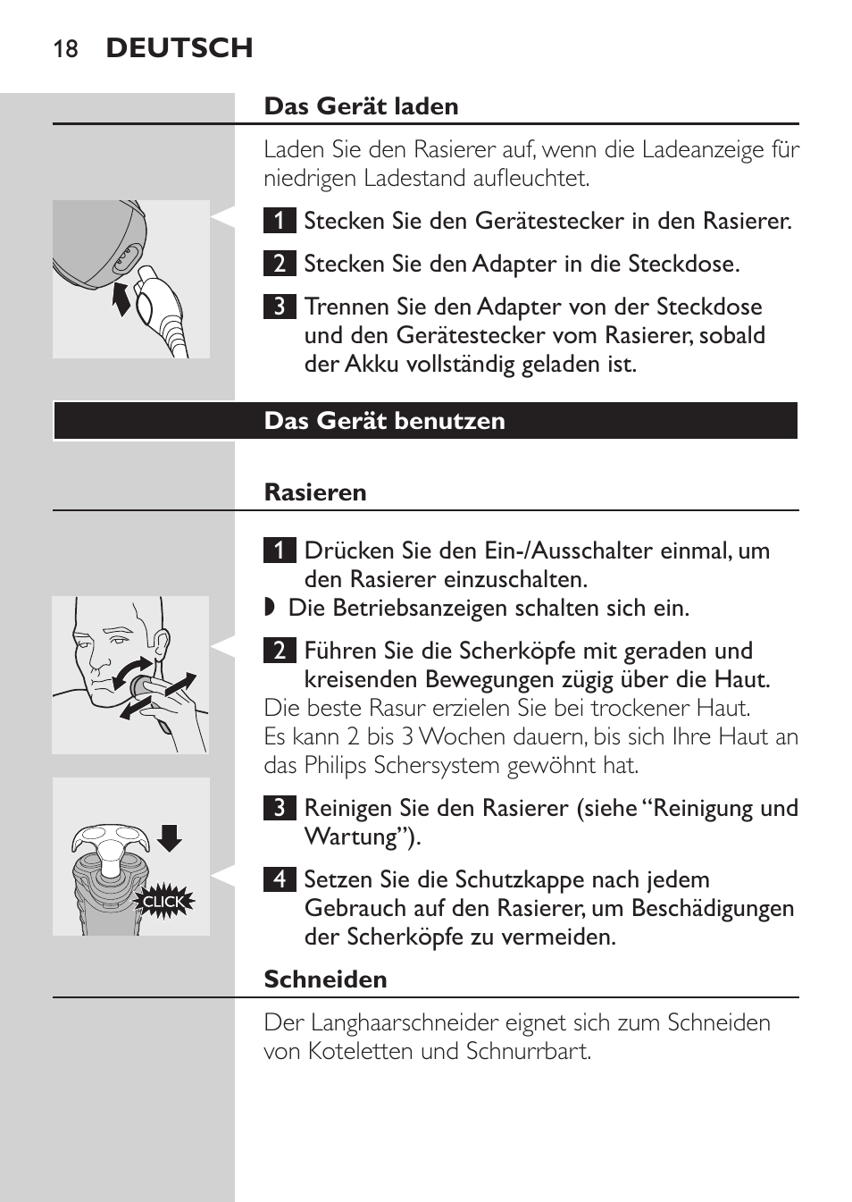 Das gerät laden, Das gerät benutzen, Rasieren | Schneiden | Philips Afeitadora eléctrica User Manual | Page 16 / 96