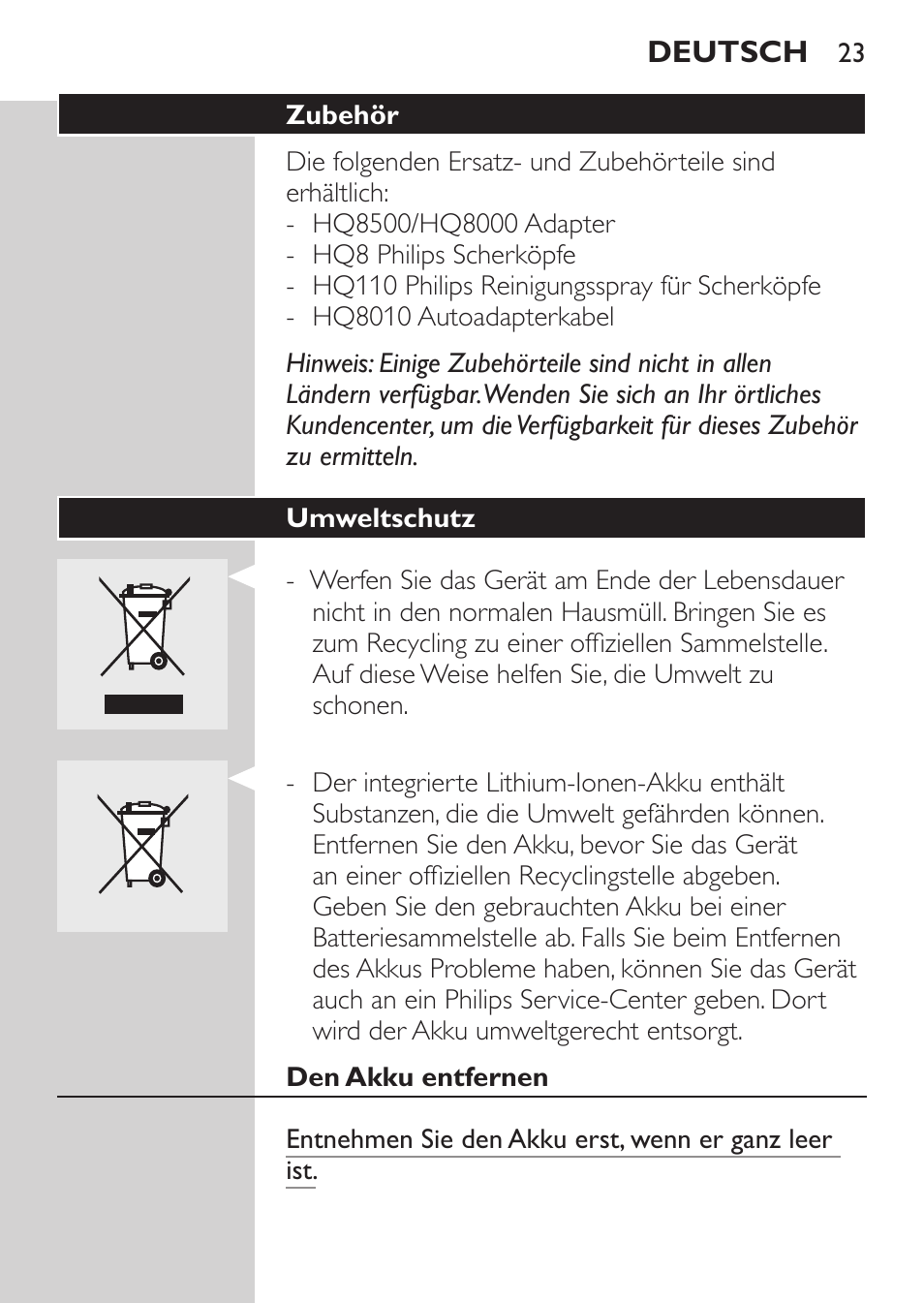 Zubehör, Umweltschutz, Den akku entfernen | Philips Afeitadora eléctrica User Manual | Page 21 / 96