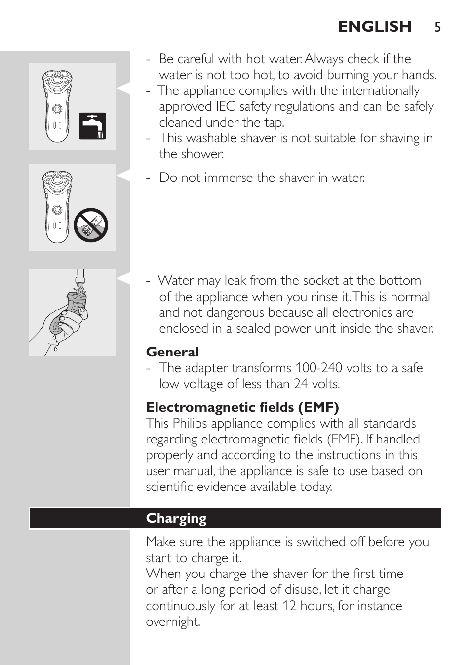 General, Electromagnetic fields (emf), Charging | Philips Afeitadora eléctrica User Manual | Page 3 / 96