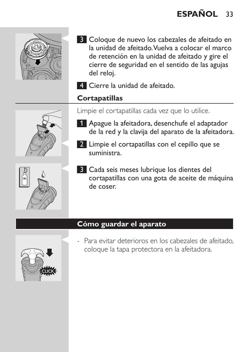 Cortapatillas, Cómo guardar el aparato, Sustitución | Philips Afeitadora eléctrica User Manual | Page 31 / 96
