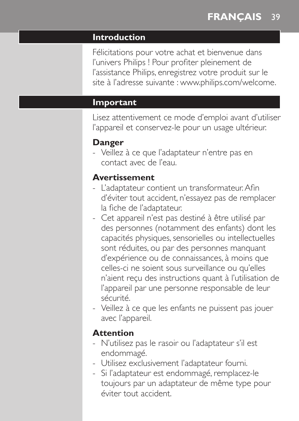 Danger, Avertissement, Attention | Français, Introduction, Important | Philips Afeitadora eléctrica User Manual | Page 37 / 96