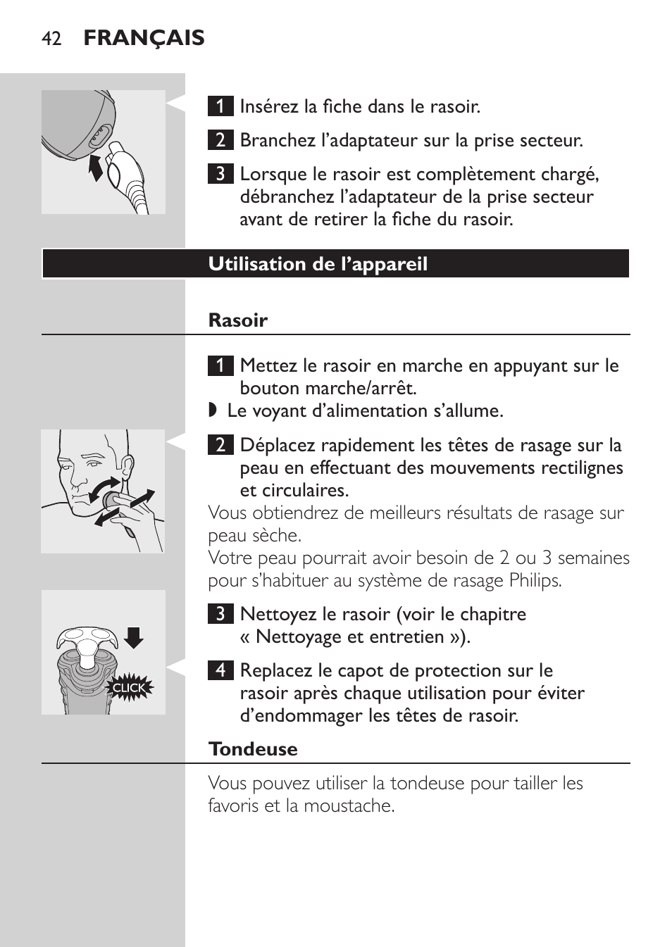 Utilisation de l’appareil, Rasoir, Tondeuse | Philips Afeitadora eléctrica User Manual | Page 40 / 96