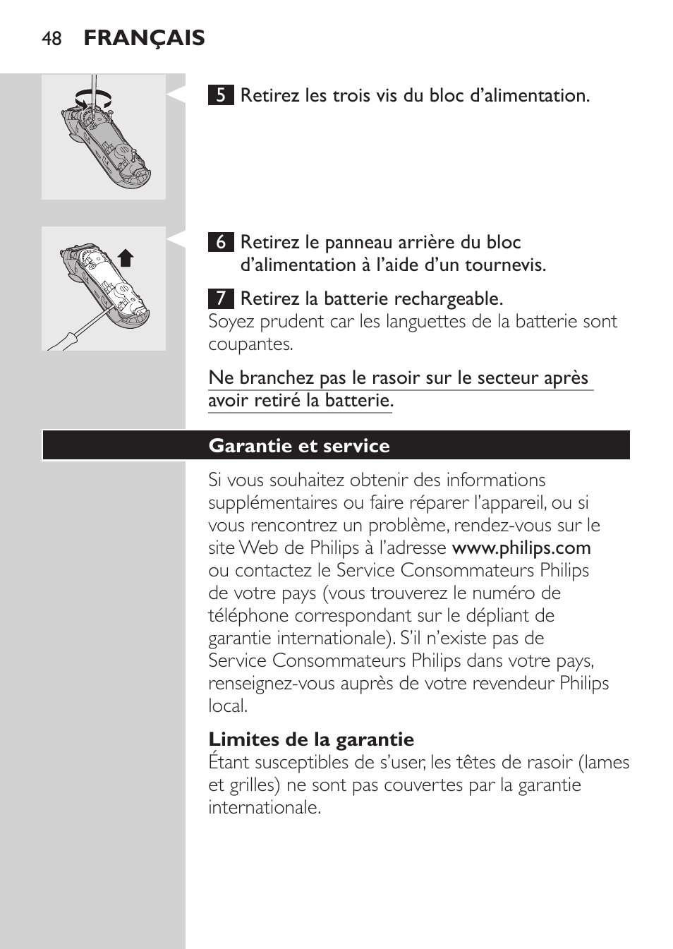 Environnement, Retrait de la batterie rechargeable | Philips Afeitadora eléctrica User Manual | Page 46 / 96