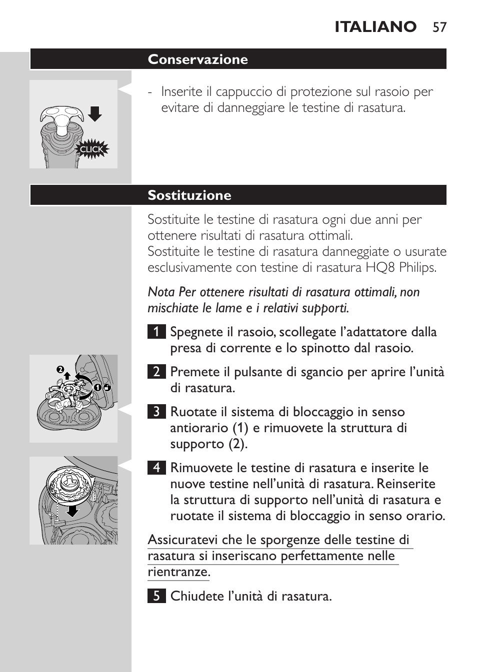 Conservazione, Sostituzione | Philips Afeitadora eléctrica User Manual | Page 55 / 96