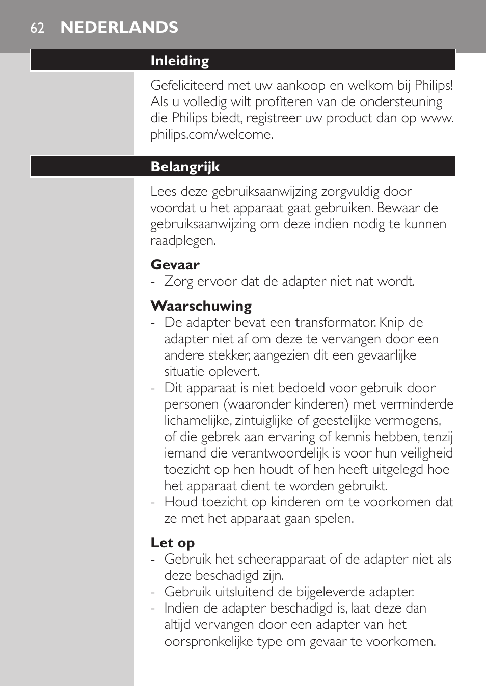 Gevaar, Waarschuwing, Let op | Nederlands, Inleiding, Belangrijk | Philips Afeitadora eléctrica User Manual | Page 60 / 96