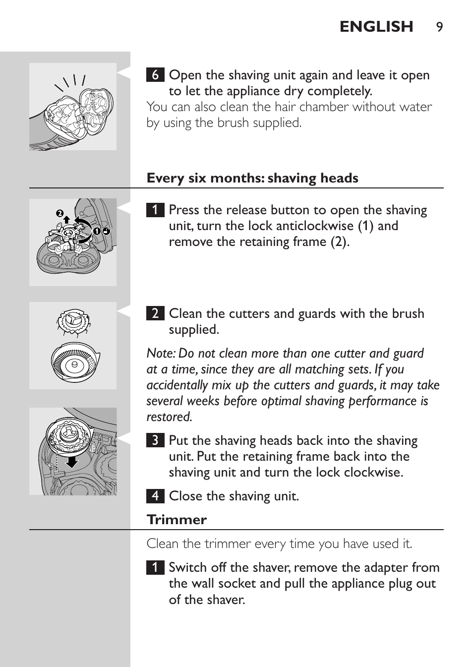 Every six months: shaving heads, Trimmer | Philips Afeitadora eléctrica User Manual | Page 7 / 96