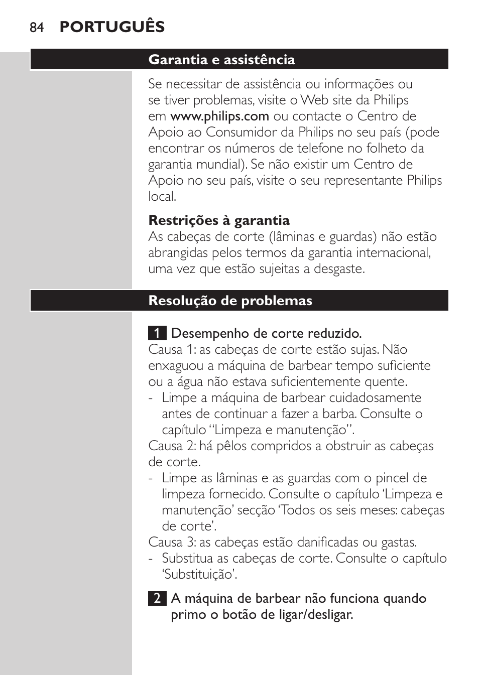 Restrições à garantia, Garantia e assistência, Resolução de problemas | Philips Afeitadora eléctrica User Manual | Page 82 / 96