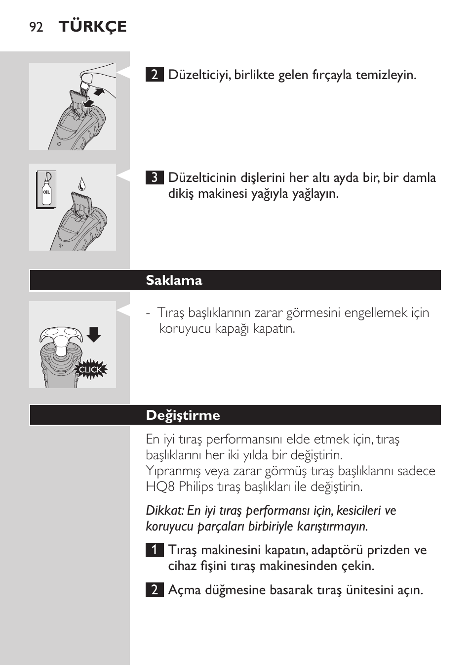 Saklama, Değiştirme | Philips Afeitadora eléctrica User Manual | Page 90 / 96