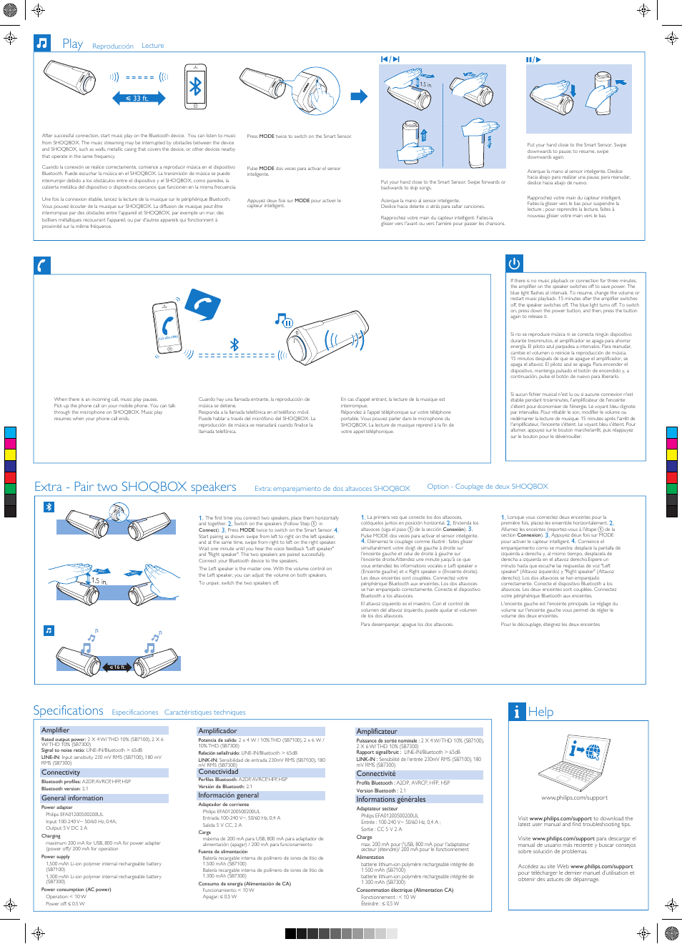 Extra - pair two shoqbox speakers specifications, Help, Play | Amplificateur, Connectivité, Informations générales | Philips altavoz portátil inalámbrico User Manual | Page 2 / 2