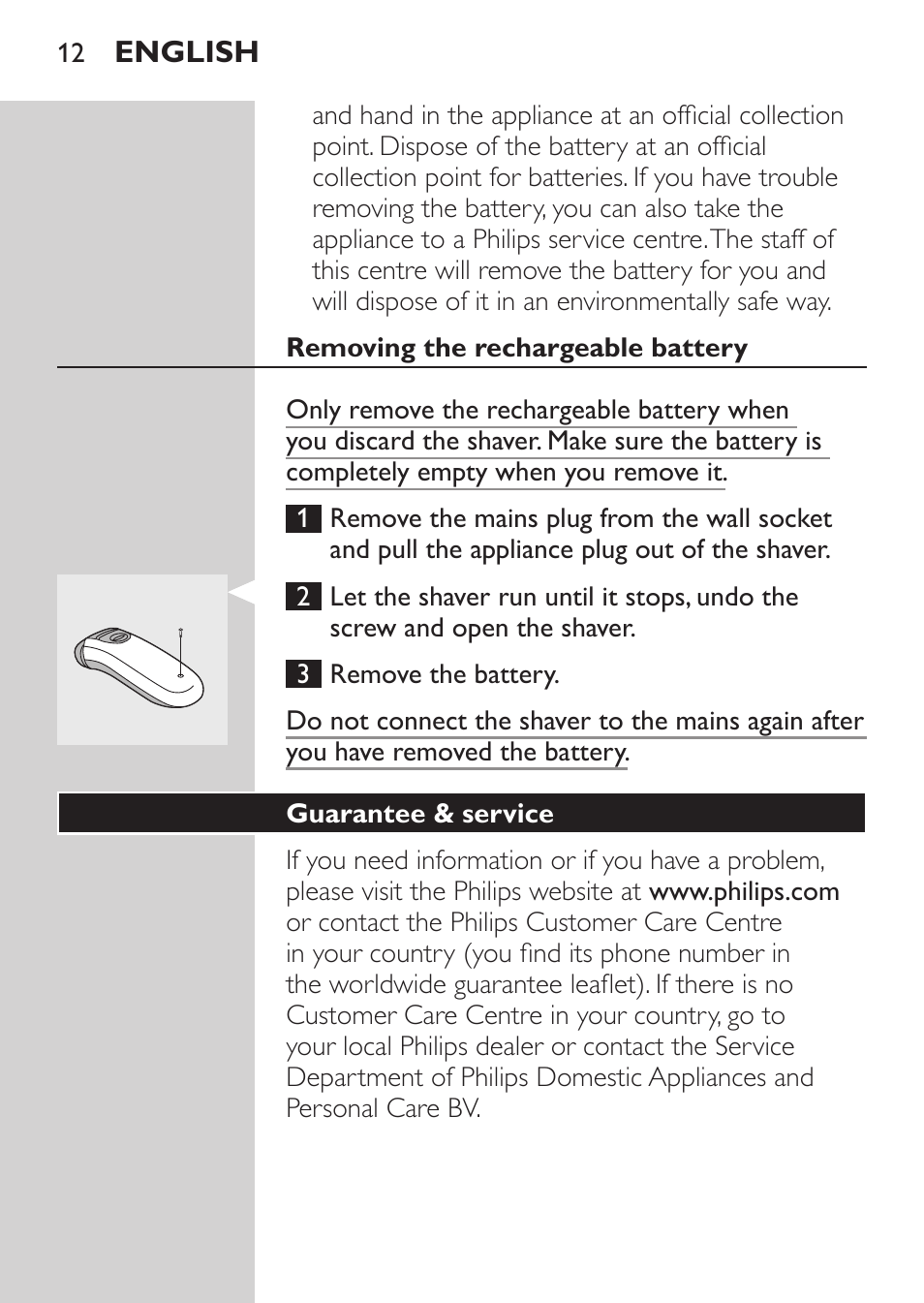 Removing the rechargeable battery, Guarantee & service | Philips Afeitadora 2 cab. User Manual | Page 10 / 104