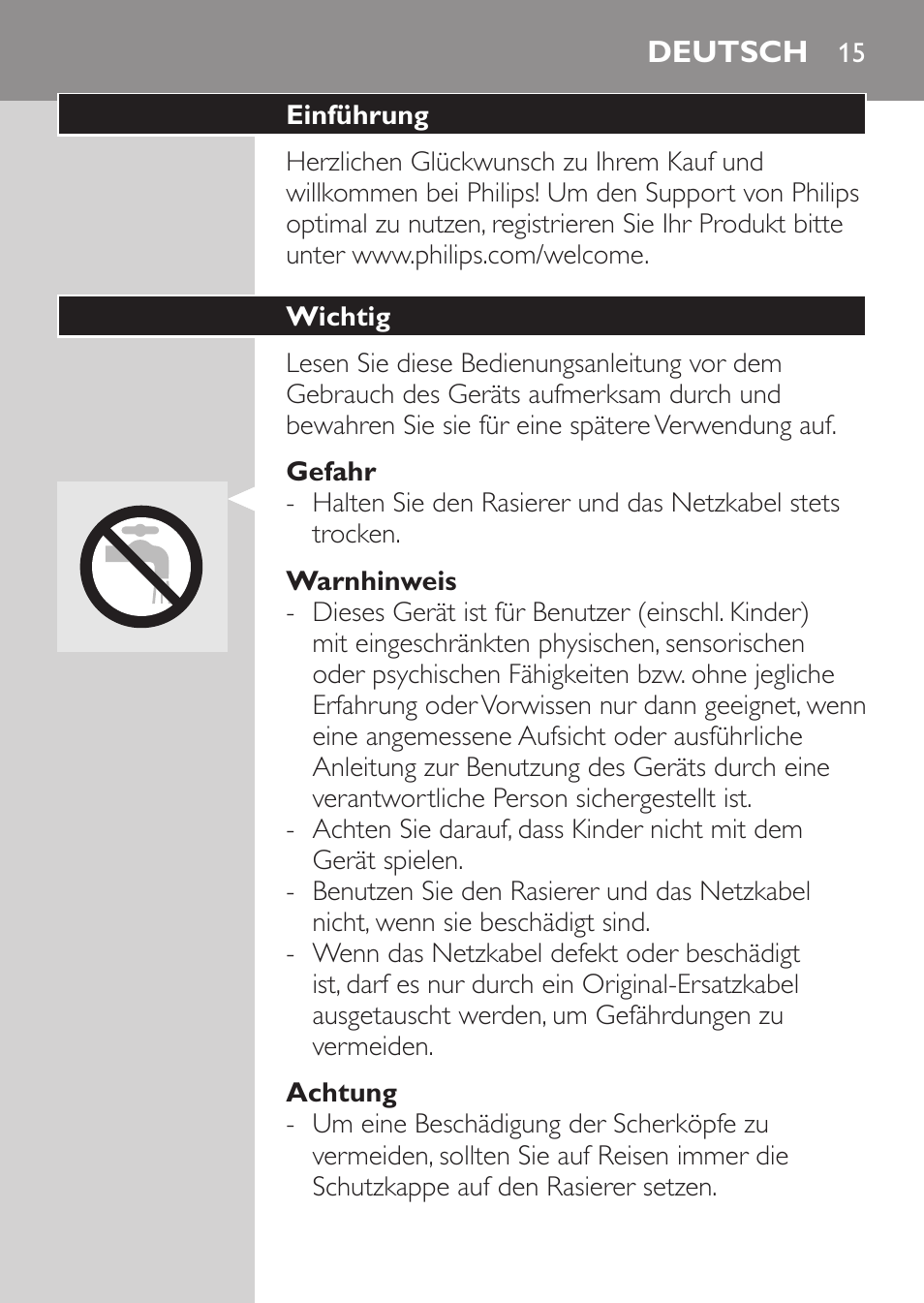 Gefahr, Warnhinweis, Achtung | Deutsch, Einführung, Wichtig | Philips Afeitadora 2 cab. User Manual | Page 13 / 104