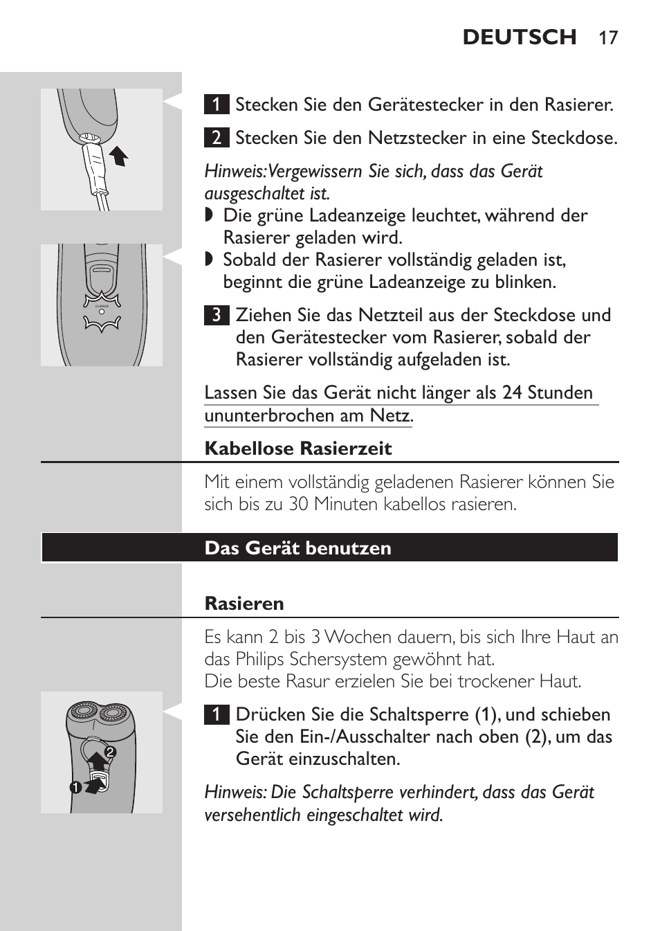 Kabellose rasierzeit, Das gerät benutzen, Rasieren | Deutsch | Philips Afeitadora 2 cab. User Manual | Page 15 / 104