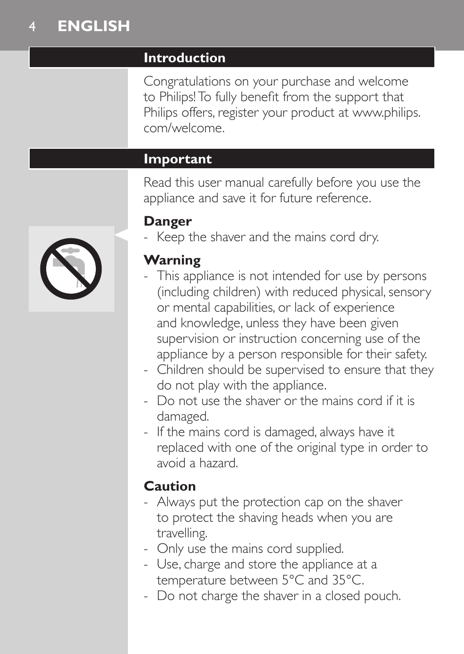 English, Introduction, Important | Danger, Warning, Caution | Philips Afeitadora 2 cab. User Manual | Page 2 / 104