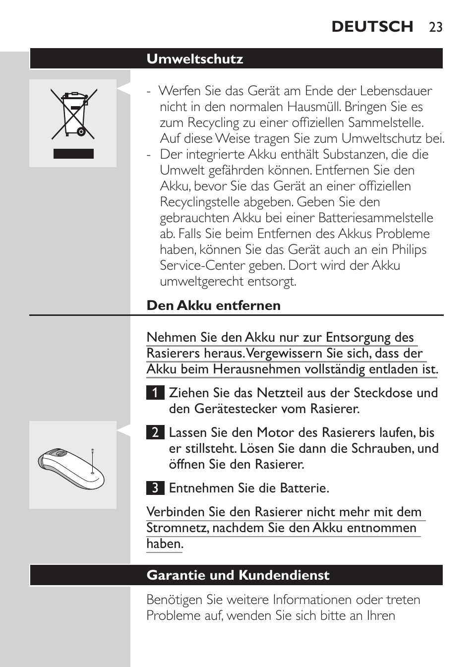 Umweltschutz, Den akku entfernen, Garantie und kundendienst | Philips Afeitadora 2 cab. User Manual | Page 21 / 104