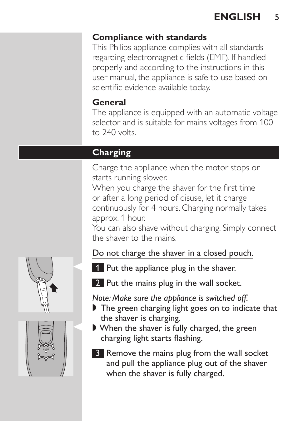 Compliance with standards, General, Charging | English | Philips Afeitadora 2 cab. User Manual | Page 3 / 104