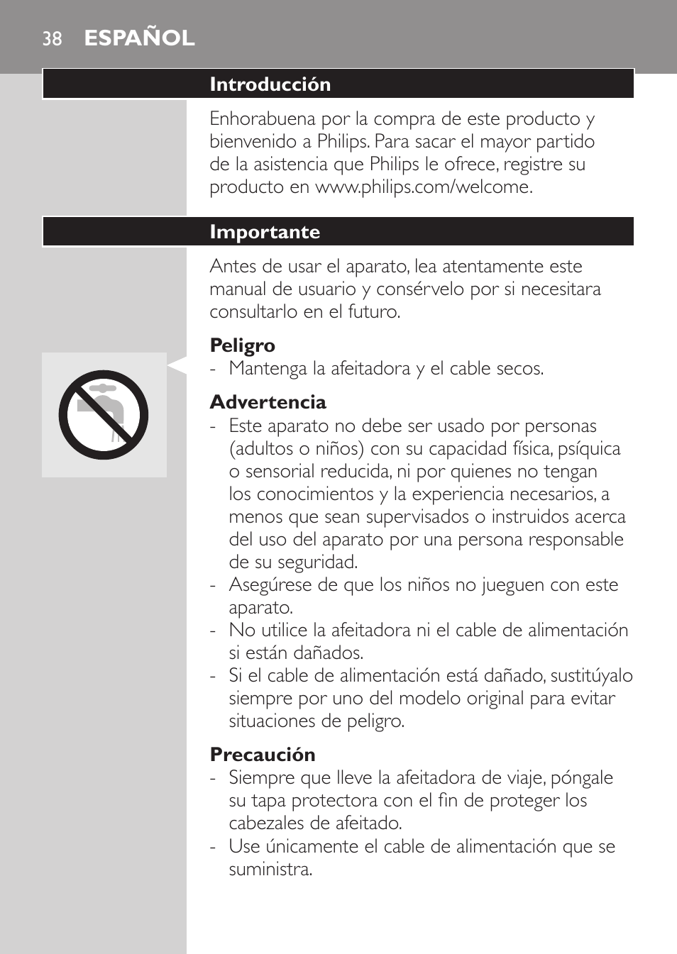 Peligro, Advertencia, Precaución | Español, Introducción, Importante | Philips Afeitadora 2 cab. User Manual | Page 36 / 104